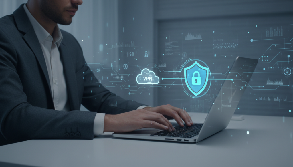 Profesional usando VPN para teletrabajo en pyme con conexión segura en Madrid