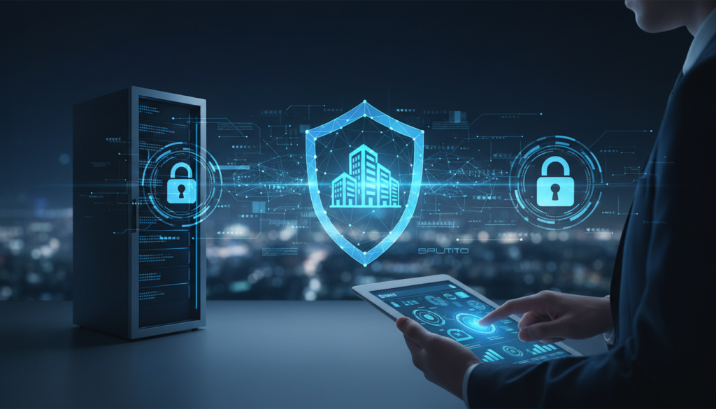 Representación profesional de ciberseguridad para pymes con elementos tecnológicos en tonos azules y grises